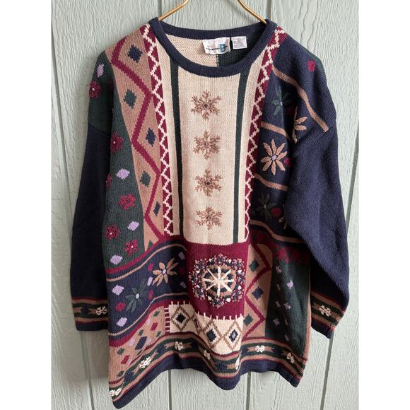 Vintage Tapestry Sweater Women’s LG Patchwork Floral Snowflake Knit - Picture 1 of 6